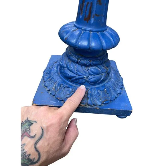Vintage Blue ornate Handmade Carved floral Wooden Candle Holder19.5x8 SKU 9387